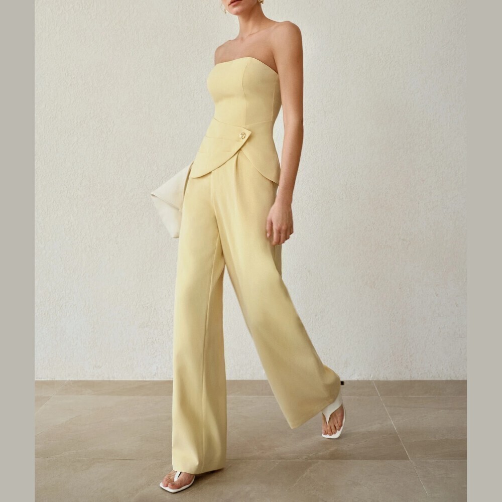 Pale Yellow Strapless Peplum Top & Wide Leg Pants Pantsuit Set